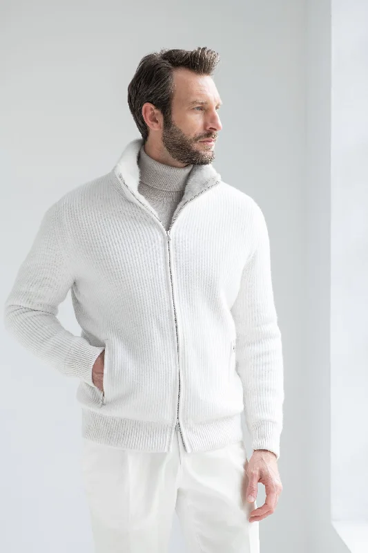 Off-white cashmere knitted bomber with fur - Made in Italy