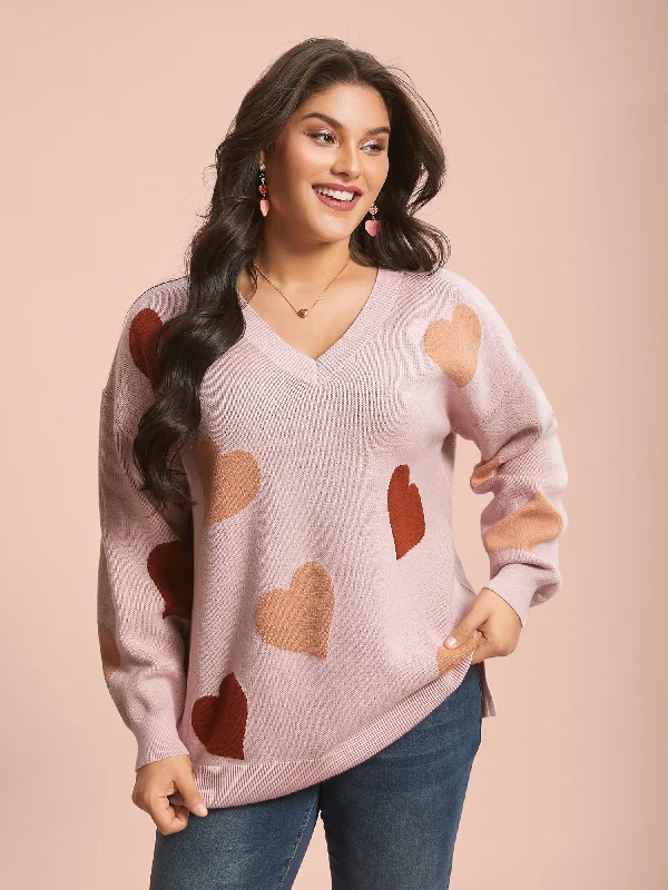 V-Neck Heart Jacquard Contrast Pullover