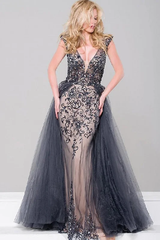 Jovani - Embellished Lace Gossamer Overskirt Long Gown