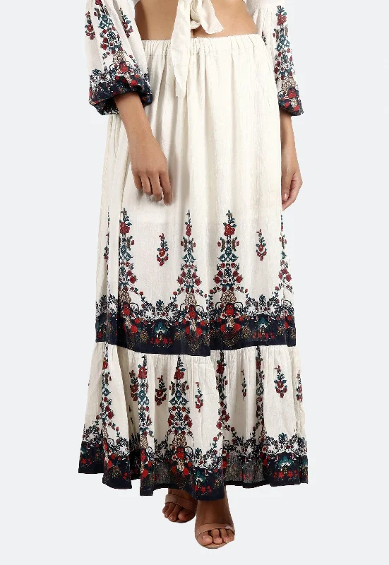 White Floral Border Printed Skirt