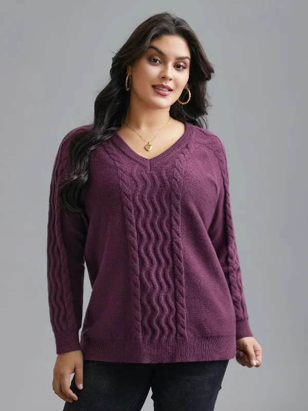 Plain V Neck Cable Knit Pullover