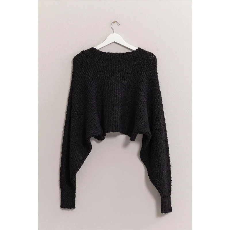 Black Popcorn Knit Cropped Pullover