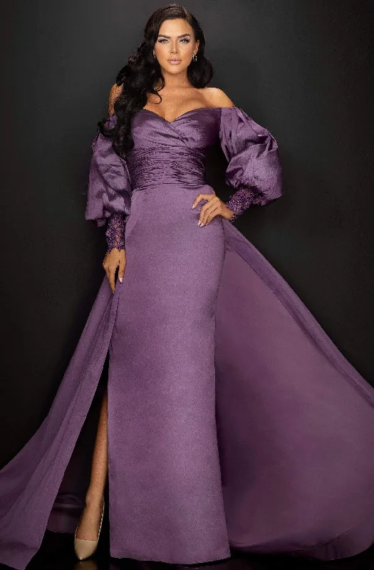 Terani Couture - 2011M2122 Bishop Sleeve Off Shoulder Overskirt Gown