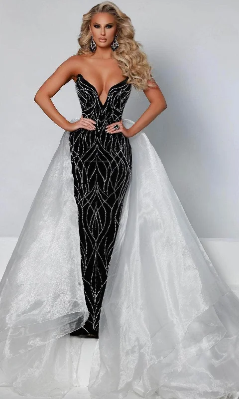 Johnathan Kayne - Plunging Overskirt Evening Gown 2555 - 1 pc Black-White In Size 6 Available