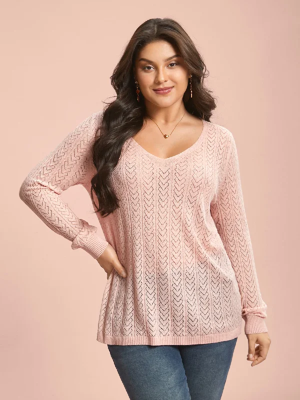 Plain Hollow Out Romantic Textured Pullover