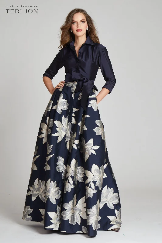 Shirt Waist Jacquard Gown with Large Floral Print Skirt