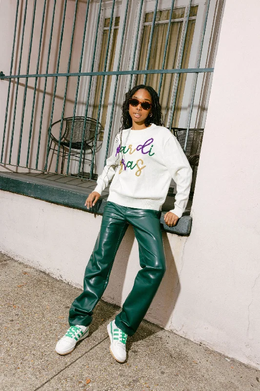 White 'Mardi Gras' Full Sequin Glitter Script Sweater