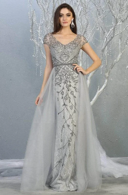 May Queen - Beaded V-Neck Overskirt Prom Gown RQ7833 - 1 pc Silver In Size 6 Available