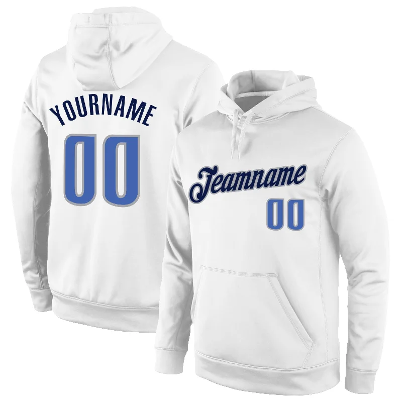 Custom Stitched White Blue-Navy Sports Pullover Sweatshirt Hoodie