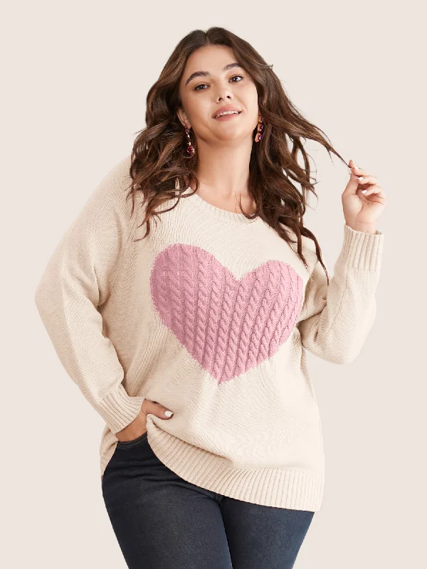 Heart Cable Knit Two Tone Raglan Sleeve Pullover