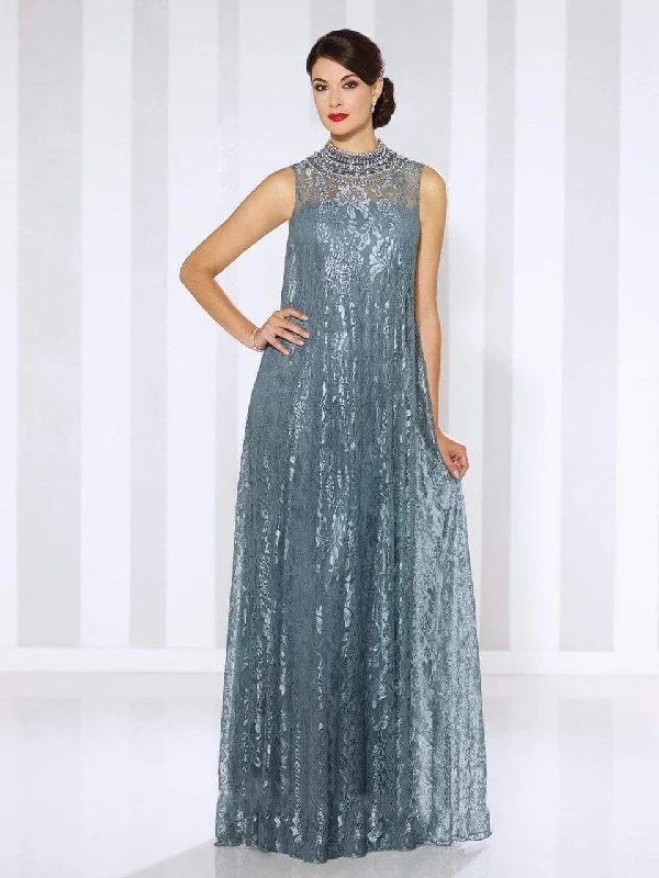 Cameron Blake by Mon Cheri - Illusion High Neck Lace Overskirt Gown 116670 - 1 pc Steel Gray in Size 14 Available