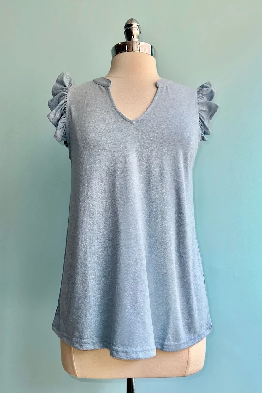 Ice Blue Ruffle Shoulder Basic T-Shirt