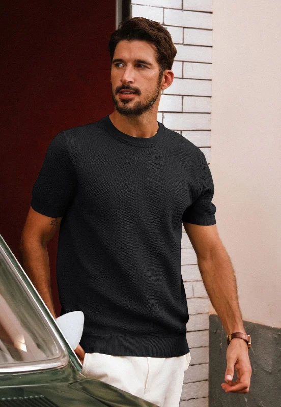 Men Textured Knitted T-Shirt Short Sleeve Crew Neck Ribbed Cuff Tops Knitwear