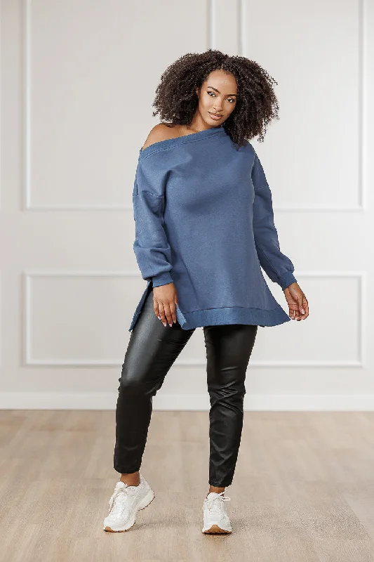 Mischa  Off-Shoulder Oversized Tunic Top - Steel Blue