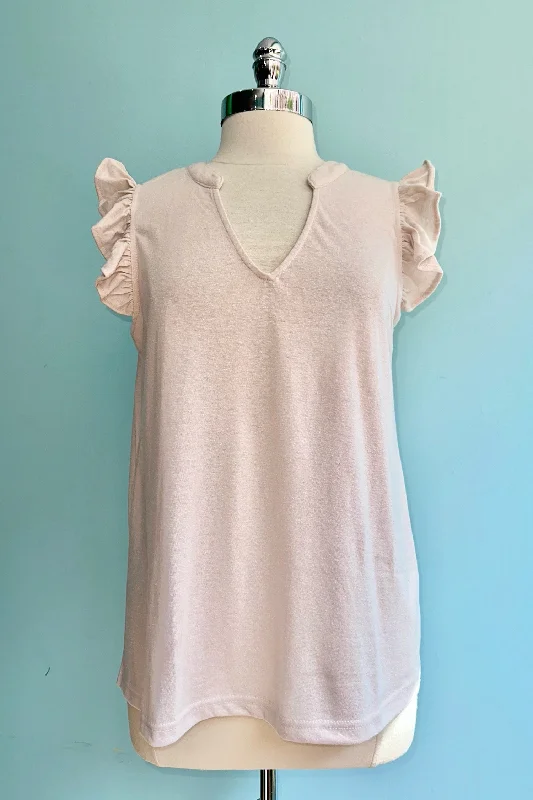 Oatmeal Ruffle Shoulder Basic T-Shirt