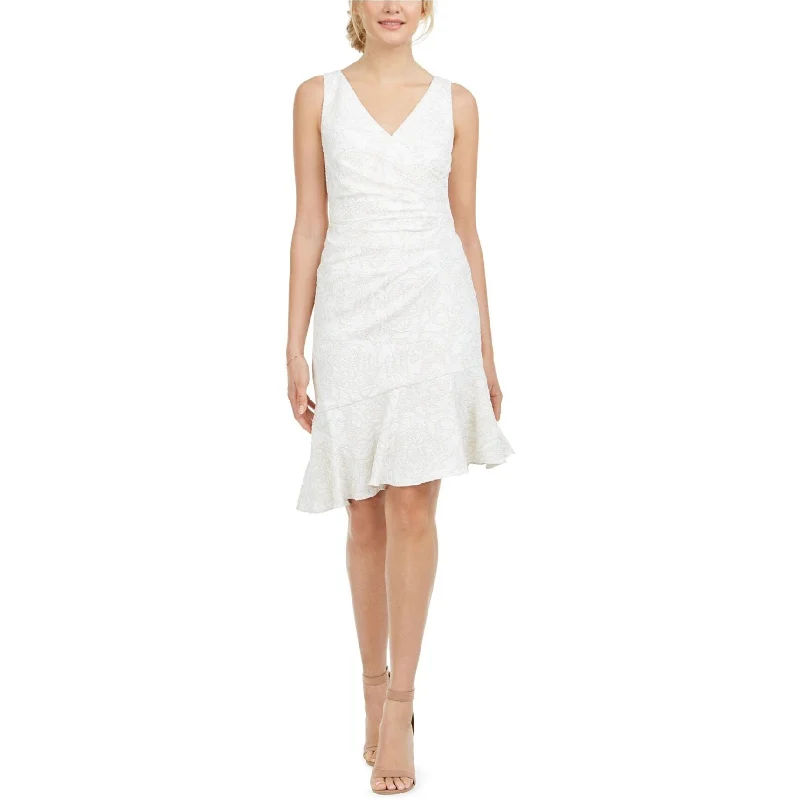 Adrianna Papell Womens Short Flounce Surplice Dress, Off-White, 8