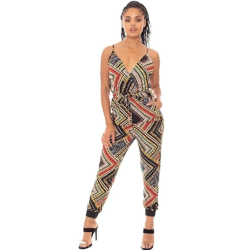 Boarder Print Wrap Drawstring Waist Jumpsuit