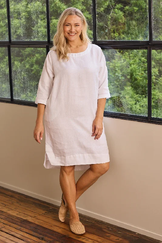 Boatneck Linen Shift Dress in White