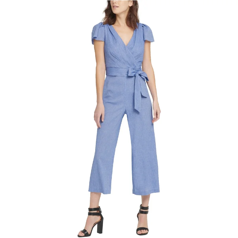 DKNY Womens Double Ruffle Jumpsuit, Blue, 16