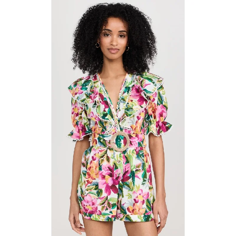 Farm Rio Women's Painted Flowers Lace Trim Belted Cotton Romper