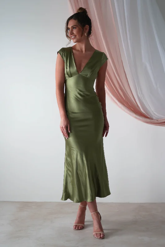 Nellie Soft Satin Midaxi Dress | Olive