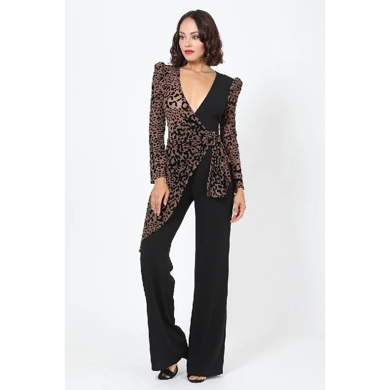 Plunging V Buckle Detail Leopard Jumpsuit