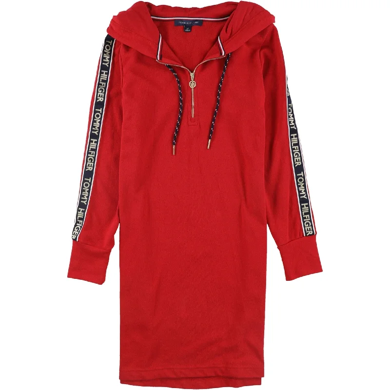 Tommy Hilfiger Womens Logo Sleeve Hoodie Sweater Dress, Red, Medium