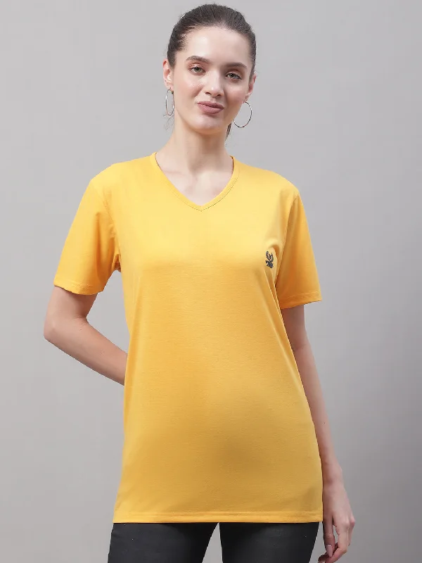 Vimal Jonney V Neck Cotton Solid Yellow T-Shirt for Women