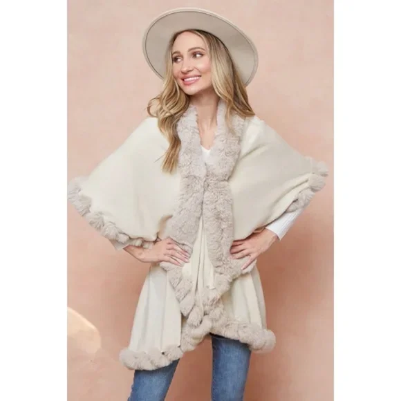 Ivory Solid Faux Fur Trimmed Knit Sweater Cape Poncho Shawl Cardigan Sweater