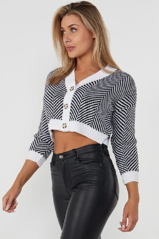 Zig Zag White & Black  POINTELLE BUTTON CARDIGAN