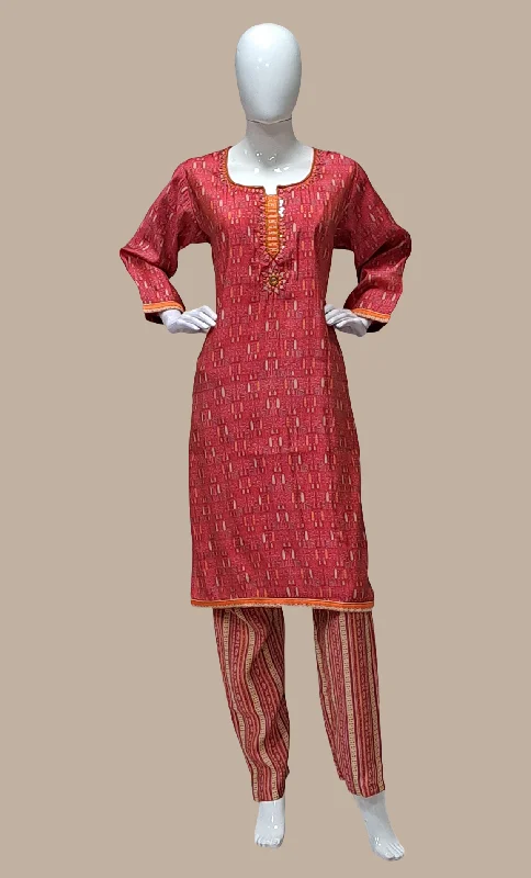 Dark Coral Printed Kurti Top & Pants