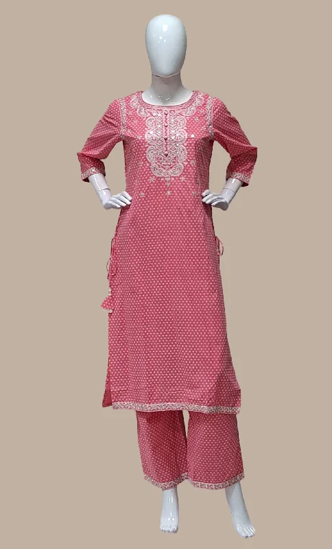 Deep Salmon Embroidered Kurti Top & Pants