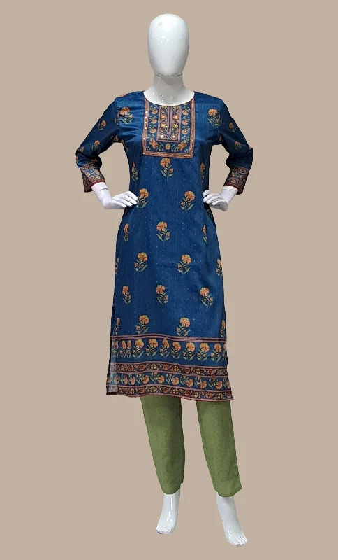 Deep Teal Blue Embroidered Kurti Top & Pants