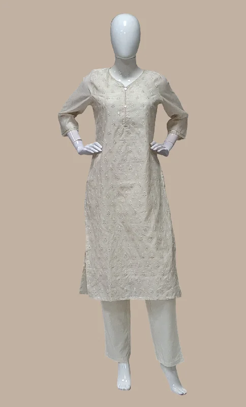 Light Biscuit Embroidered Kurti Top & Pants