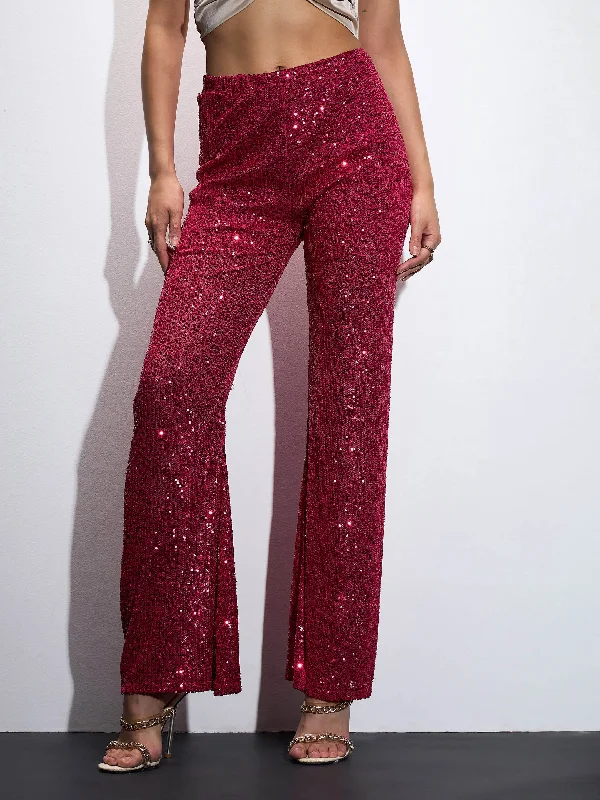 Women Fuchia Sequin Bell Bottom Pants